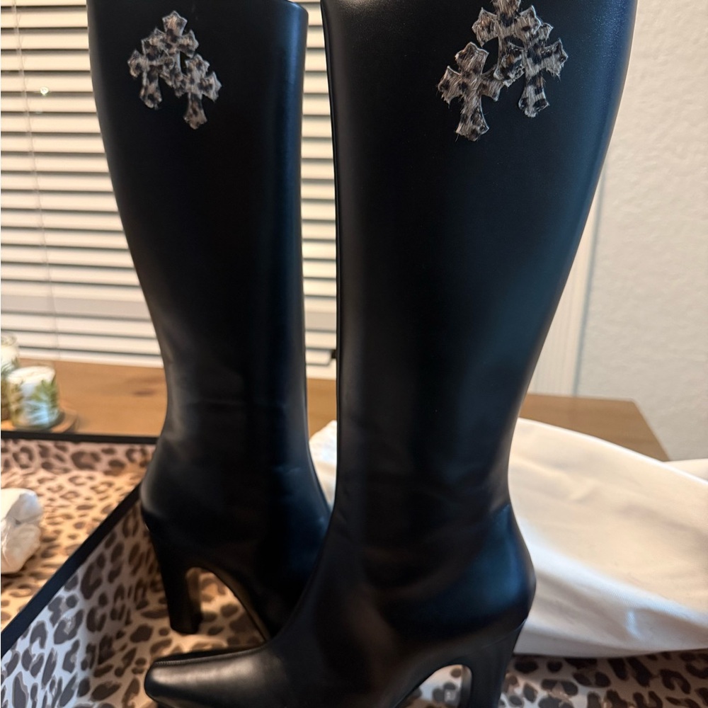 Chrome Hearts Black Heeled Boots with Silver Crosses